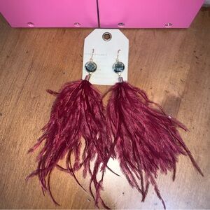 Anthropologie Drop Pierced Dark Red Feather Earrings With Enamel Gemstone Charm